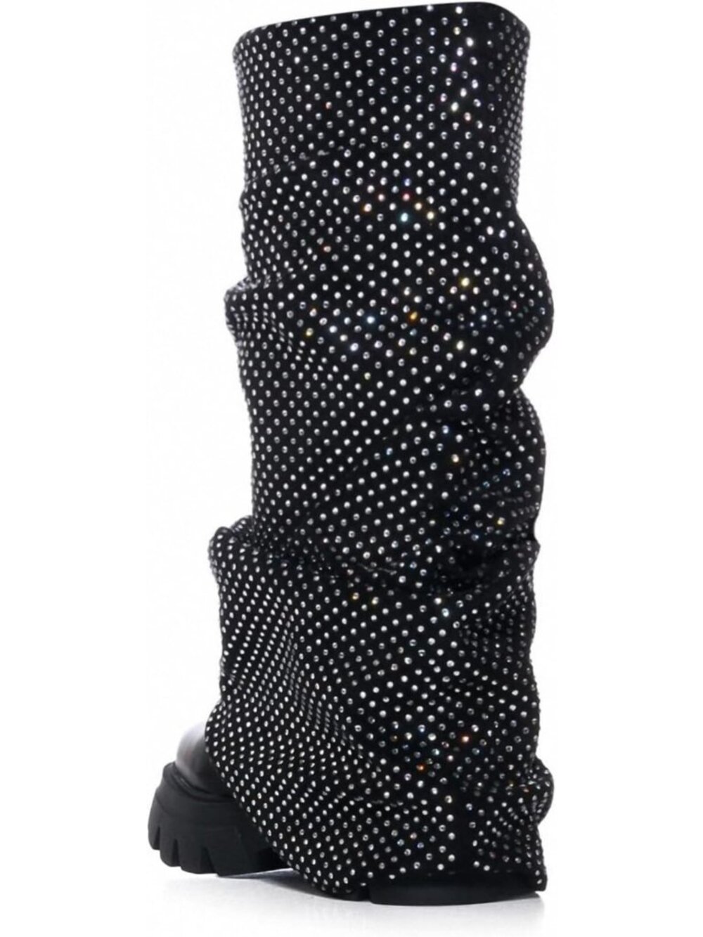 Women's Rhinestone-Black Fold Over Mid Calf Round Toe Heel Stacked Moon Boots - Picture 4 of 6